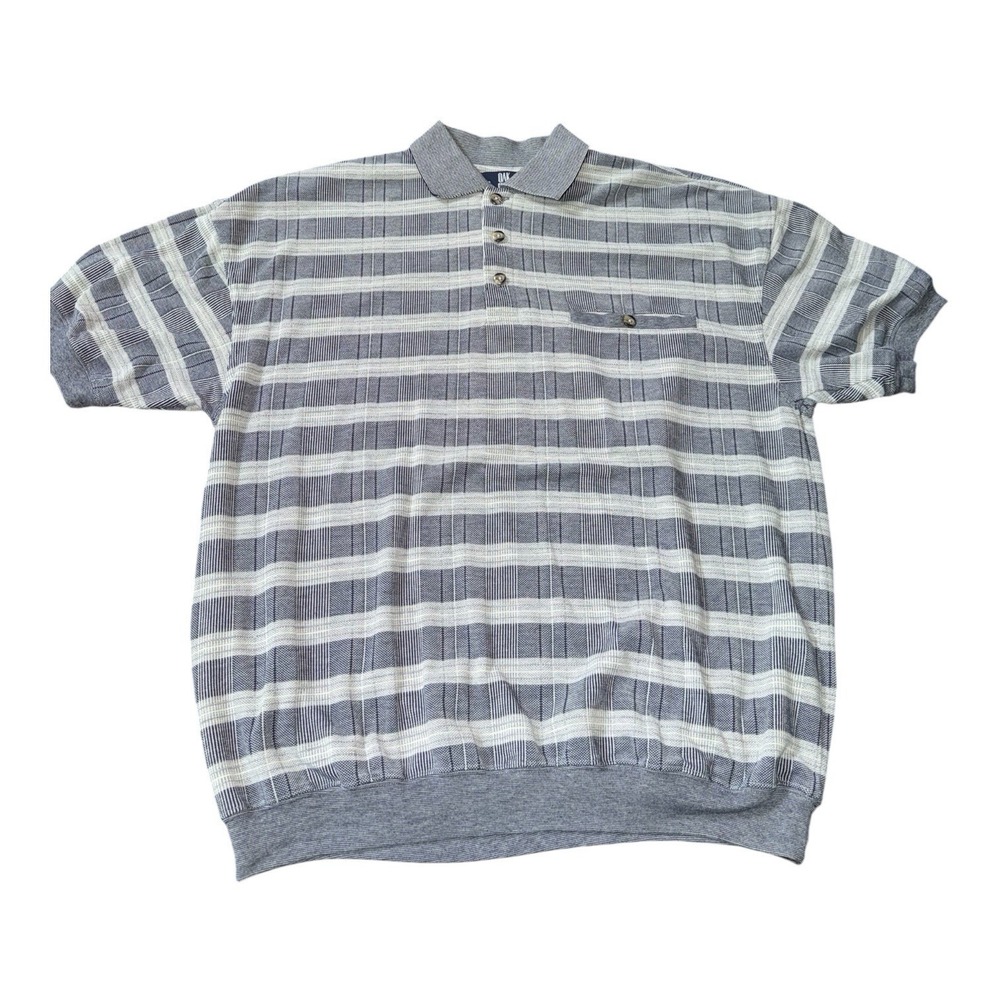 Oak Creek Men's L Gray Striped Polo Shirt Banded Bottom Short Sleeve Pocket